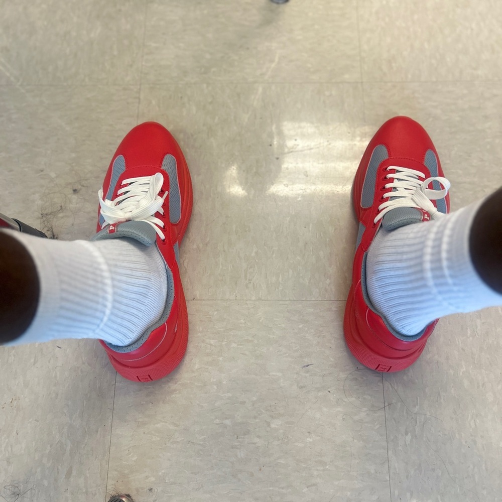 Mens size 12 US/46 EU Red and Gray Prada Milano Sneakers